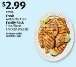 Aldi Fresh antibiotic free family pack thin sliced chicken breasts offer