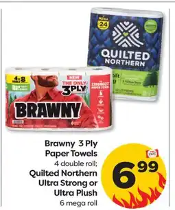 Weis Markets Brawny 3 Ply Paper Towels 4 double roll Quilted Northern Ultra Strong or Ultra Plush 6 mega roll offer
