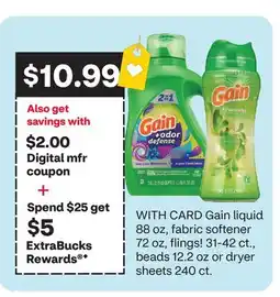 CVS Gain liquid 88 oz, fabric softener 72 oz, flings! 31-42 ct., beads 12.2 oz or dryer sheets 240 ct offer