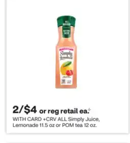 CVS ALL Simply Juice, Lemonade 11.5 oz or POM tea 12 oz offer