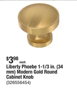 The Home Depot Liberty Phoebe 1-1/3 in. (34 mm) Modern Gold Round Cabinet Knob offer