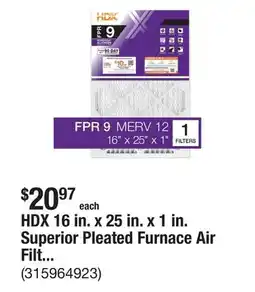 The Home Depot HDX 16 in. x 25 in. x 1 in. Superior Pleated Furnace Air Filter FPR 9, MERV 12 offer