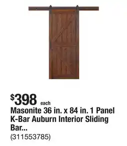 The Home Depot Masonite 36 in. x 84 in. 1 Panel K-Bar Auburn Interior Sliding Barn Door Slab with Hardware Kit offer