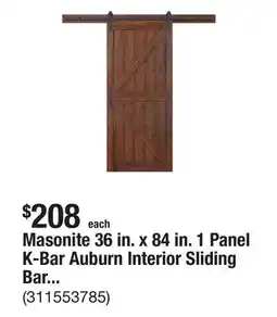 The Home Depot Masonite 36 in. x 84 in. 1 Panel K-Bar Auburn Interior Sliding Barn Door Slab with Hardware Kit offer