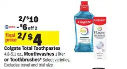 Meijer Colgate Total Toothpastes 4.8-5.1 oz., Mouthwashes 1 liter or Toothbrushes offer