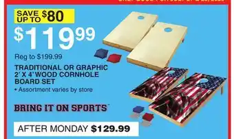 Dunham's Sports BRING IT ON SPORTS TRADITIONAL OR GRAPHIC 2' X 4' WOOD CORNHOLE BOARD SET offer