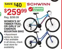 Dunham's Sports SCHWINN WOMEN'S 26 TIMBER TRAIL OR GIRLS' 24 CIMERON MOUNTAIN BIKE offer