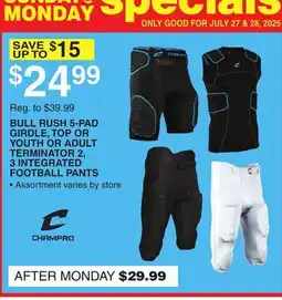 Dunham's Sports CHAMPRO BULL RUSH 5-PAD GIRDLE, TOP OR YOUTH OR ADULT TERMINATOR 2, 3 INTEGRATED FOOTBALL PANTS offer