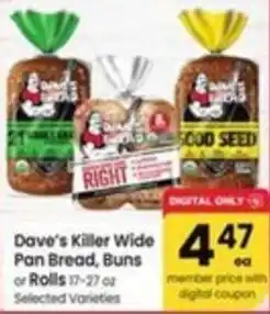 Albertsons Dave's killer wide pan bread, buns or rolls offer