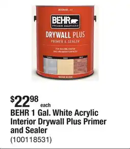 The Home Depot BEHR 1 Gal. White Acrylic Interior Drywall Plus Primer and Sealer offer