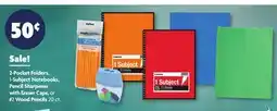 Family Dollar 2-Pocket Folders, 1-Subject Notebooks, Pencil Sharpener with Eraser Caps, or #2 Wood Pencils 20 ct offer