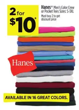 Dollar General Hanes Men's Color Crew or Pocket Tees offer