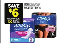 Dollar General Always Discreet Pads or Underwear offer