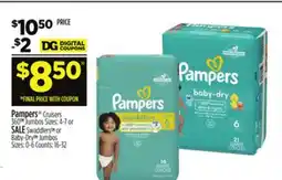 Dollar General Pampers SwaddlersTM or Baby-DryTM Jumbos Sizes: 0-6 or Cruisers 360TM offer