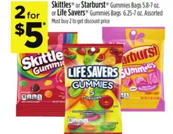 Dollar General Skittles or Starburst Gummies Savers offer