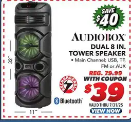Big 5 Audiobox Dual 8 Woofer Rechargeable Tower Speaker with Wheels offer