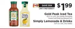 ShopRite Gold Peak Iced Tea & Simply Lemonade & Drinks offer