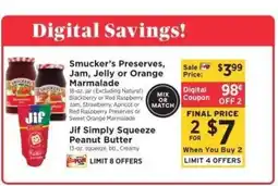 ShopRite Smucker’s Preserves, Jam, Jelly or Orange Marmalade & Jif Simply Squeeze Peanut Butter offer
