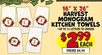 Ollie's 16 X 26 HARVEST MONOGRAM KITCHEN TOWELS offer