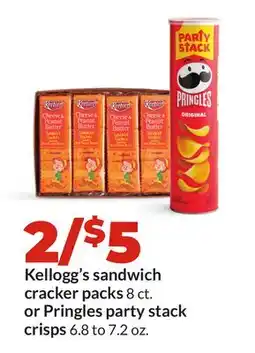 Hy-Vee Kellogg's sandwich cracker packs 8 ct. or Pringles party stack crisps 6.8 to 7.2 oz offer