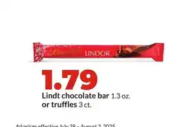 Hy-Vee Lindt chocolate bar 1.3 oz. or truffles 3 ct offer