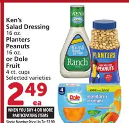 Vons Ken's Salad Dressing 16 oz. Planters Peanuts 16 oz. or Dole Fruit 4 ct. cups offer