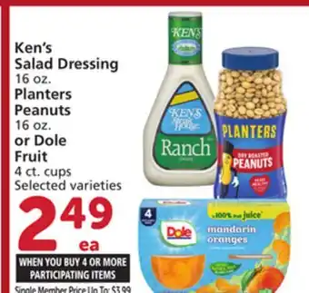 Vons Ken's Salad Dressing 16 oz. Planters Peanuts 16 oz. or Dole Fruit 4 ct. cups offer