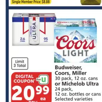 Vons Budweiser, Coors, Miller 30 pack, 12 oz. cans or Michelob Ultra 24 pack, 12 oz. bottles or cans offer