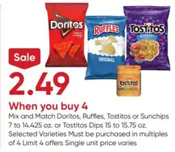 Stater Bros Doritos, Ruffles, Tostitos or Sunchips 7 to 14.425 oz. or Tostitos Dips 15 to 15.75 oz offer