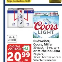 Albertsons Budweiser, Coors, Miller 30 pack, 12 oz. cans or Michelob Ultra 24 pack, 12 oz. bottles or cans offer