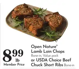 Pavilions Open Nature Lamb Loin Chops Bone-in, Value pack or USDA Choice Beef Chuck Short Ribs Bone-in offer