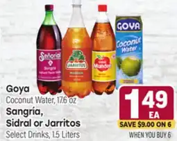 Tony’s Fresh Market Goya Coconut Water, 176 oz Sangría, Sidral or Jarritos, 1.5 Liters offer