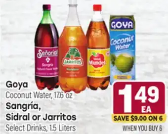 Tony’s Fresh Market Goya Coconut Water, 176 oz Sangría, Sidral or Jarritos, 1.5 Liters offer