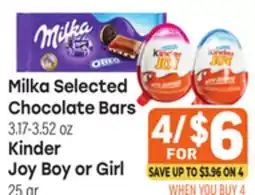 Tony’s Fresh Market Milka Selected Chocolate Bars 3.17-3.52oz Kinder Joy Boy or Girl 25 gr offer