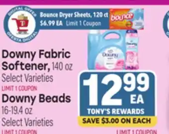 Tony’s Fresh Market Downy Fabric Softener, 140oz Downy Beads 16-19.4oz offer