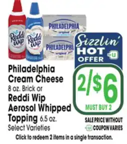 Jewel-Osco Philadelphia Cream Cheese 8 oz. Brick or Reddi Wip Aerosol Whipped Topping 6.5 oz offer