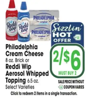 Jewel-Osco Philadelphia Cream Cheese 8 oz. Brick or Reddi Wip Aerosol Whipped Topping 6.5 oz offer