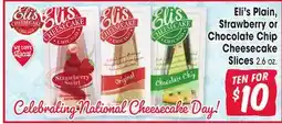 Jewel-Osco Eli's Plain, Strawberry or Chocolate Chip Cheesecake Slices offer