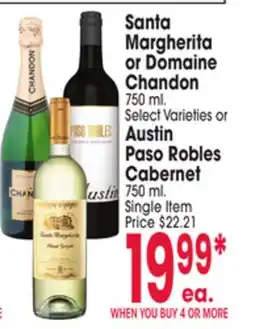 Jewel-Osco Santa Margherita or Domaine Chandon 750 ml. Select Varieties or Austin Paso Robles Cabernet 750 ml offer