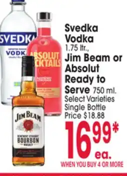Jewel-Osco Svedka Vodka 1.75 ltr., Jim Beam or Jim Beam or Absolut Absolut Ready to Ready to Serve Serve 750 ml offer