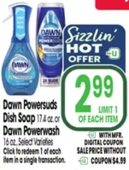 Jewel-Osco Dawn Powersuds Dish Soap 17.4 oz. or Dawn Powerwash 16 oz offer