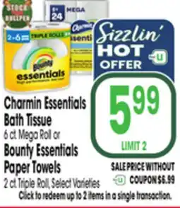 Jewel-Osco Charmin Essentials Bath Tissue 6 ct. Mega Roll or Bounty Essentials Paper Towels 2 ct. Triple Roll offer
