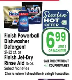 Jewel-Osco Finish Powerball Dishwasher Detergent 21-32 ct. or Finish Jet-Dry Rinse Aid 16 oz offer