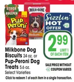 Jewel-Osco Milkbone Dog Biscuits 24 oz. or Pup-Peroni Dog Treats 5.6 oz offer