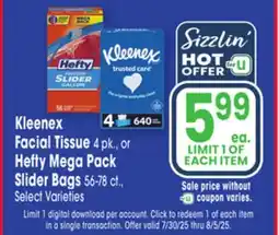 Jewel-Osco Kleenex Facial Tissue 4 pk., or Hefty Mega Pack Slider Bags 56-78 ct offer