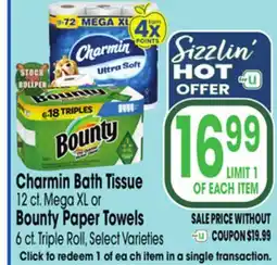 Jewel-Osco Charmin Bath Tissue 12 ct. Mega XL or Bounty Paper Towels 6 ct. Triple Roll offer