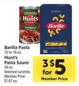 Safeway Barilla Pasta & Hunt's Pasta Sauce offer