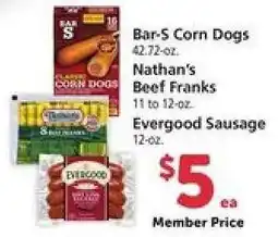Safeway Bar-S Corn Dogs, Nathan's Beef Franks, Evergood Sausage offer