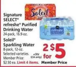 Safeway Signature SELECT refreshe Purified Drinking Water & Soleil Sparkling Water offer