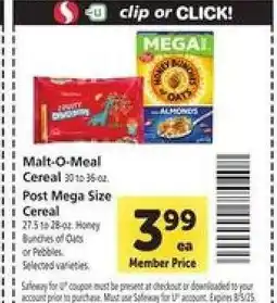 Safeway Malt-O-Meal Cereal / Post Mega Size Cereal offer